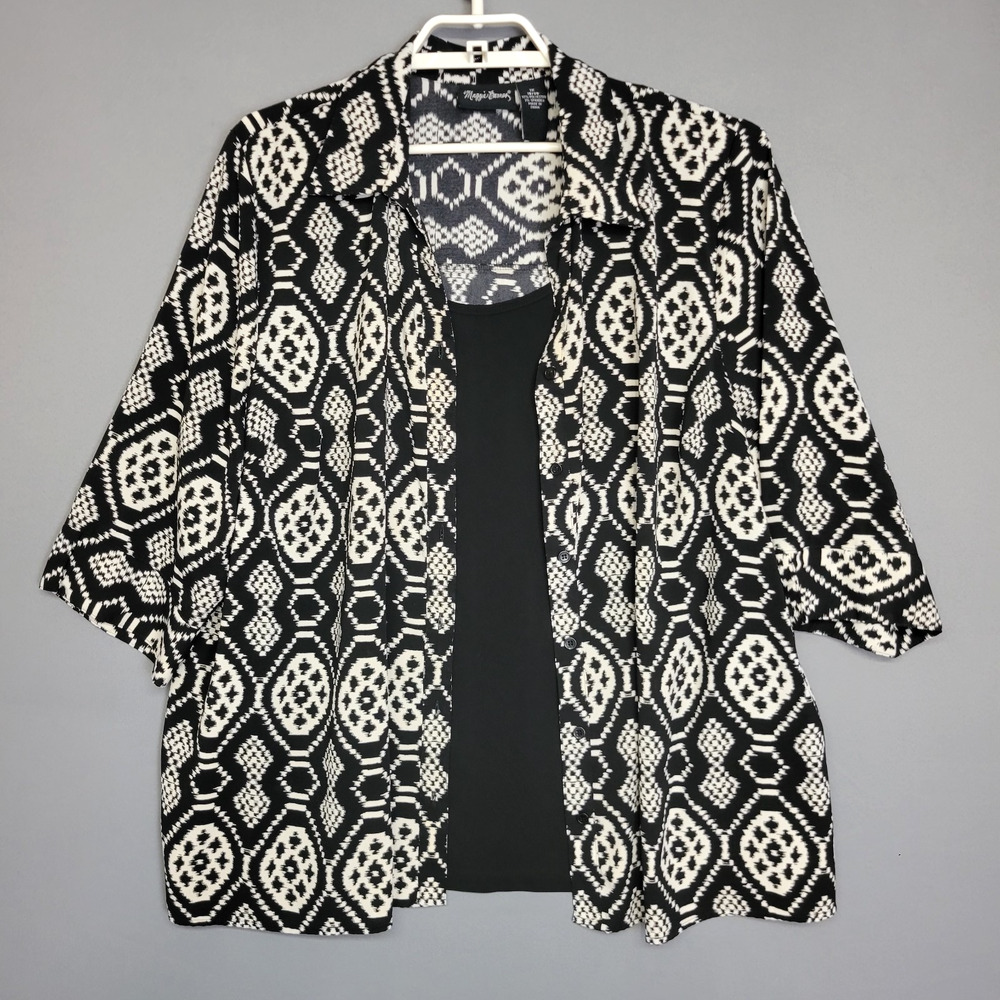 Maggie Barnes Button Front Top Womens 1X 18/20 Black Ivory Attached Tank